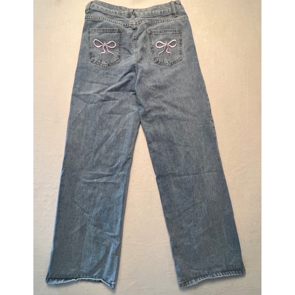 Nova Blue Size S Wide Leg Jeans Coquette Aesthetic Light Wash Pink Bows Denim